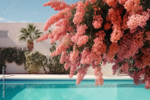 A buganvillea plant in full bloom next to a swimming pool, creating an idyllic vacation scene. Generative AI photo