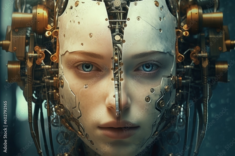 A woman face merging with a cyborg, creating a futuristic and surreal image. Generative AI A woman face merging with a cyborg, creating a futuristic and surreal image. Generative AI