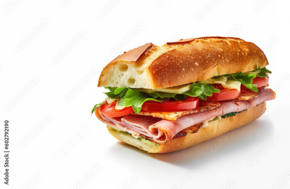 Tempting picture of a mouthwatering ciabatta bread sandwich with ham and vegetables. Copy space available. Food concept AI Generative Tempting picture of a mouthwatering ciabatta bread sandwich with ham and vegetables. Copy space available. Food concept AI Generative