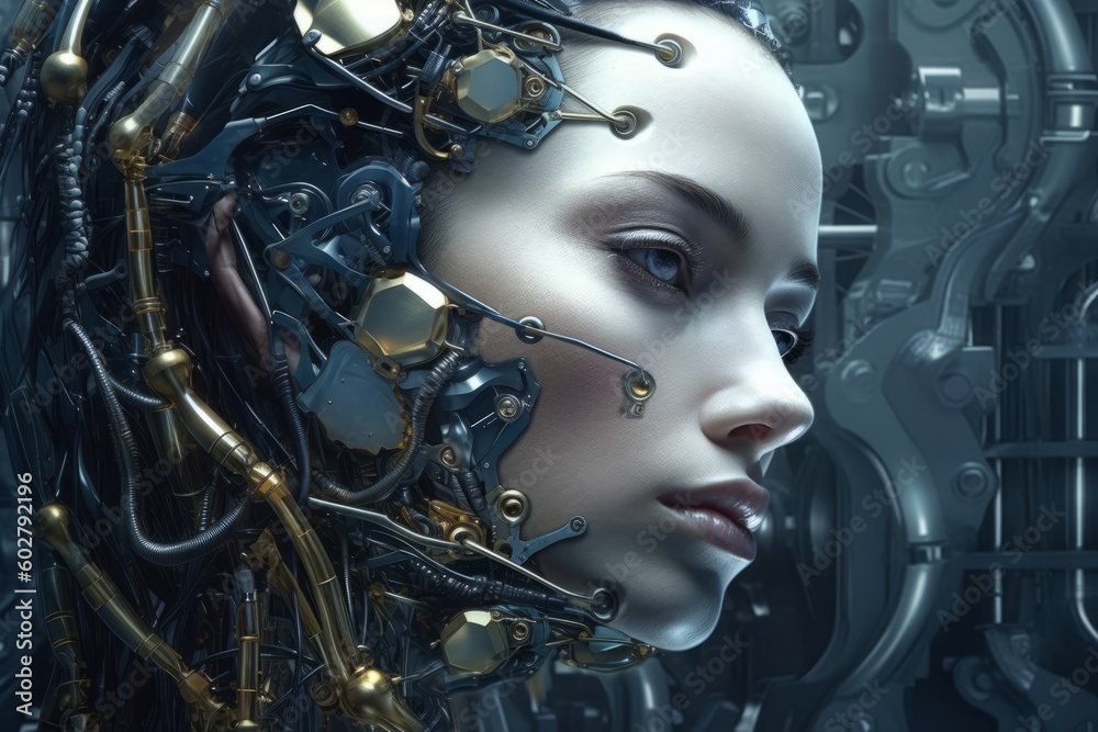 A woman face merging with a cyborg, creating a futuristic and surreal image. Generative AI