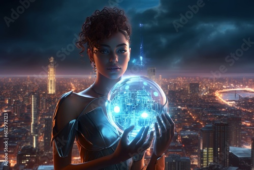 A cyborg woman holding a glowing orb in her hands, with a futuristic cityscape in the background. Generative AI