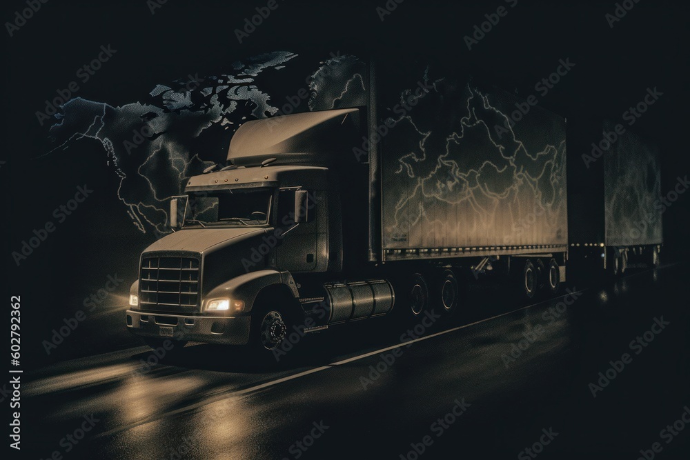 A truck is driving down a road with a world map behind it. The image is dark, but the headlights of the semi truck can be seen. A world map with lines and dots in the background. Generative AI