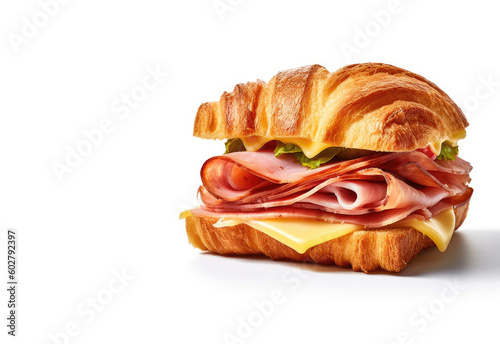 Gourmet Breakfast Delight. Tempting picture of a freshly baked croissant sandwich filled with ham and cheese. Copy space available. Culinary concept AI Generative photo