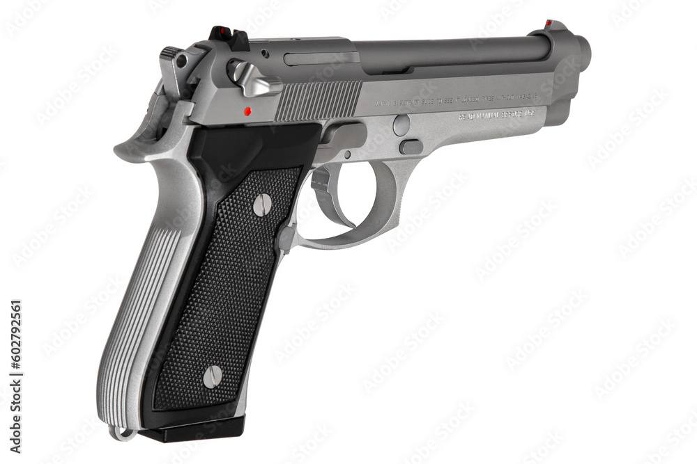 Modern semi-automatic silver pistol. Armament for the army and police. Short-barreled weapon. Isolate on a white back.