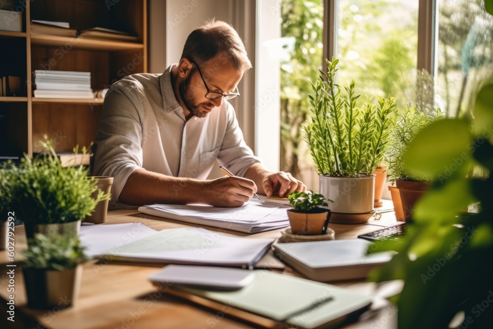 A person sitting at a desk, surrounded by tax documents and a calculator.Concept representing the growth and progress that can come from successful tax planning. Generative AI A person sitting at a desk, surrounded by tax documents and a calculator.Concept representing the growth and progress that can come from successful tax planning. Generative AI