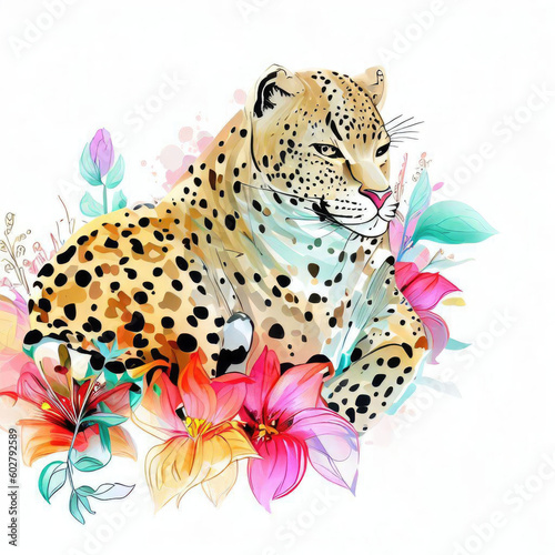 Whimsical Cheetah Portrait with Watercolor Flowers  Generative AI