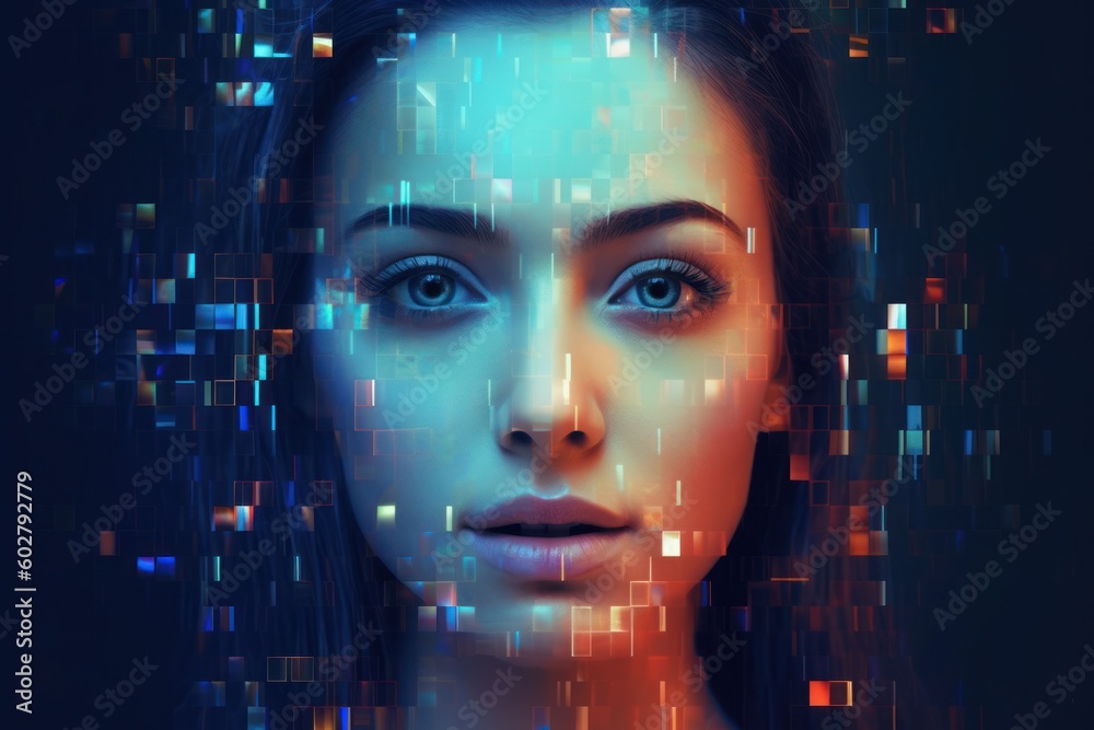 A person's face being replaced by a glitchy digital image, as if their identity is being erased by their smartphone addiction. Generative AI A person's face being replaced by a glitchy digital image, as if their identity is being erased by their smartphone addiction. Generative AI