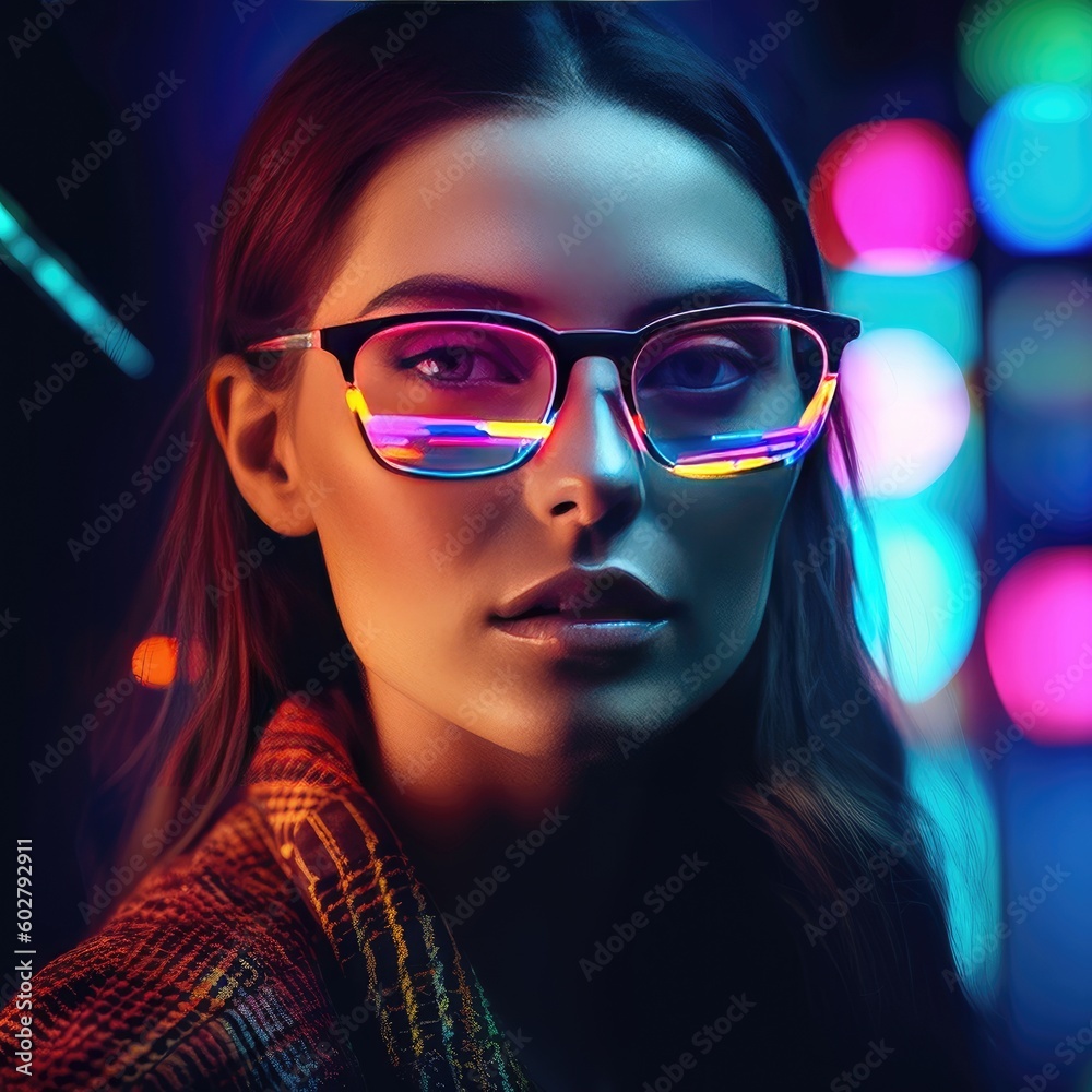 A Captivating Portrait of a Beautiful Model Sporting Luxury Eyewear Glasses against a Vivid Bokeh Neon Backdrop - Eyewear Concept - Eyecare - Generative AI A Captivating Portrait of a Beautiful Model Sporting Luxury Eyewear Glasses against a Vivid Bokeh Neon Backdrop - Eyewear Concept - Eyecare - Generative AI