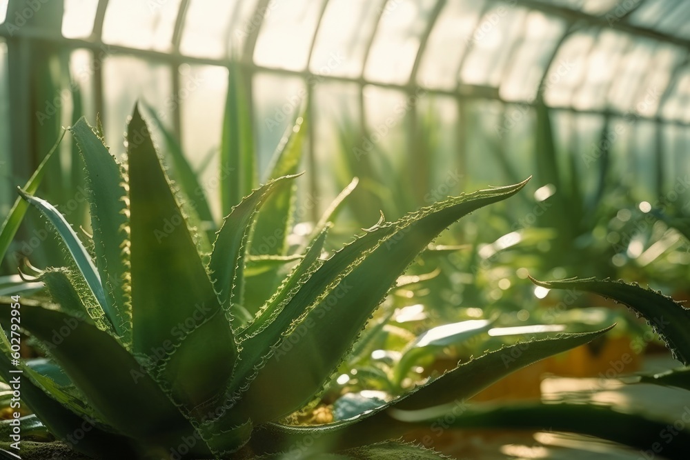 Obraz premium A close-up shot of aloe vera plants growing in a greenhouse, with warm sunlight filtering in through the glass ceiling. Generative AI
