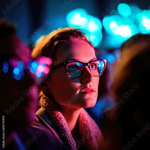 Commanding Attention: A Woman's Striking Eyewear Becomes a Centerpiece in the Engaged Conference Crowd - Eyewear Concept - Eyecare - Generative AI