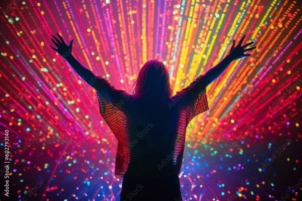 A silhouette of a woman with her arms raised in front of a colorful light installation at a rave party. Generative AI