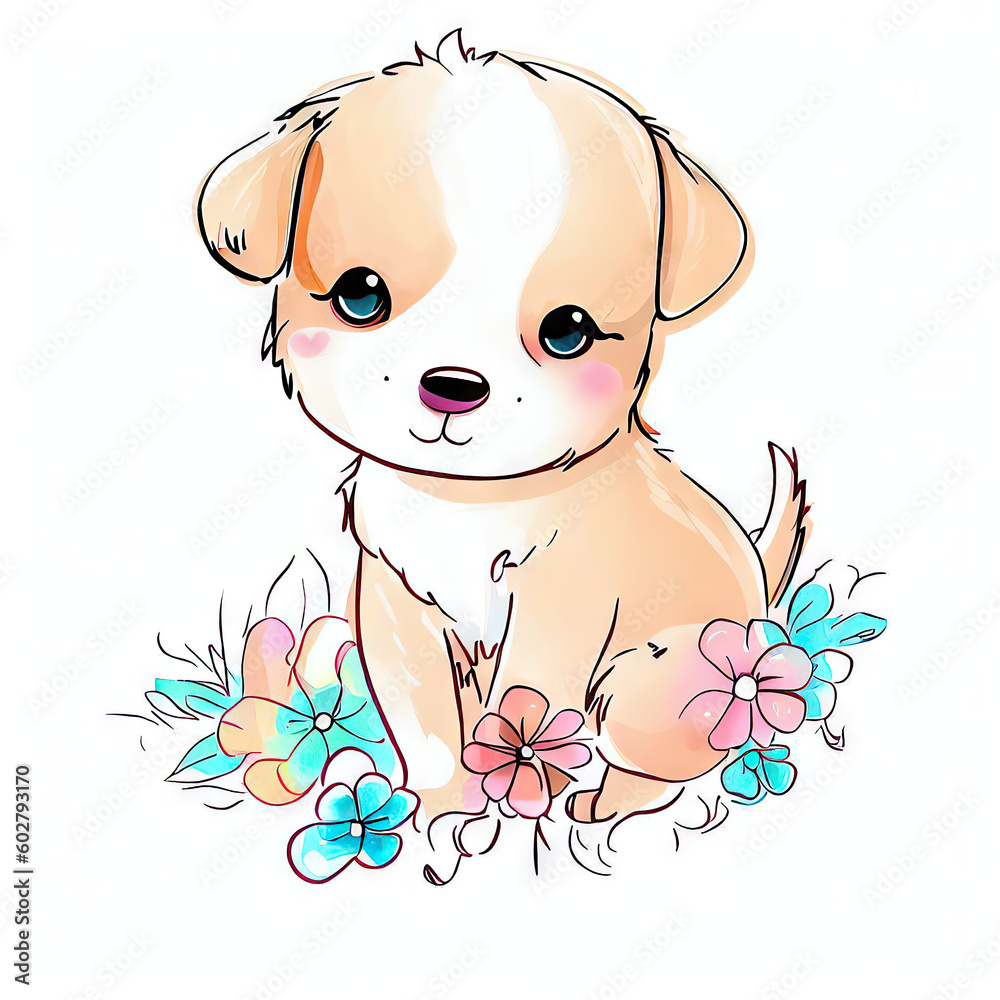Obraz premium Dreamy Canine Illustration, Watercolor and Flowers, Generative AI