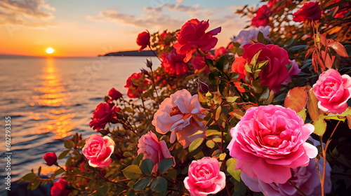 Fototapeta Naklejka Na Ścianę i Meble -   romantic wild flowers pink roses bush on sea beach at sunset,generated ai
