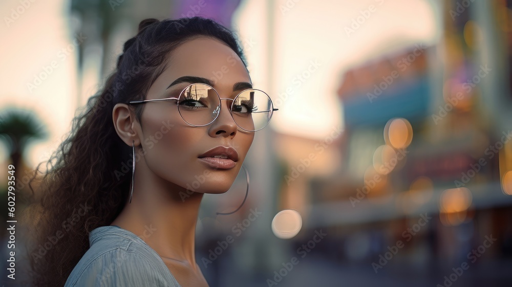 African American Female Model Rocking Luxury Eyewear with City Skyline