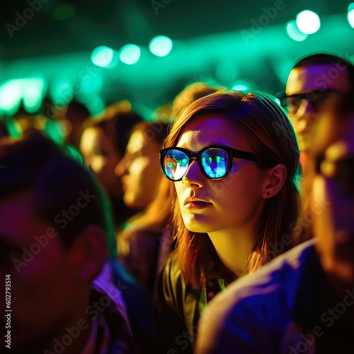 Stylish Specs: A Trendsetting Woman Captivates the Audience with Her Distinctive Eyewear at the Illuminated Conference - Eyewear Concept - Generative AI