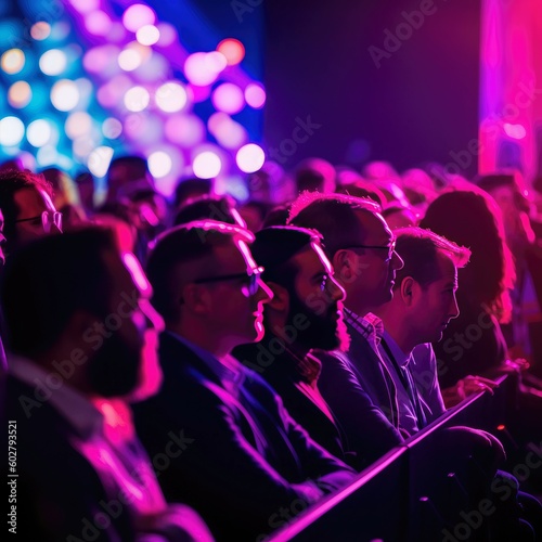 Executive Excellence: Businessman Standing Out in a Neon-Infused Business Conference, Eyewear Reflecting Success  - Eyewear Concept - Generative AI photo