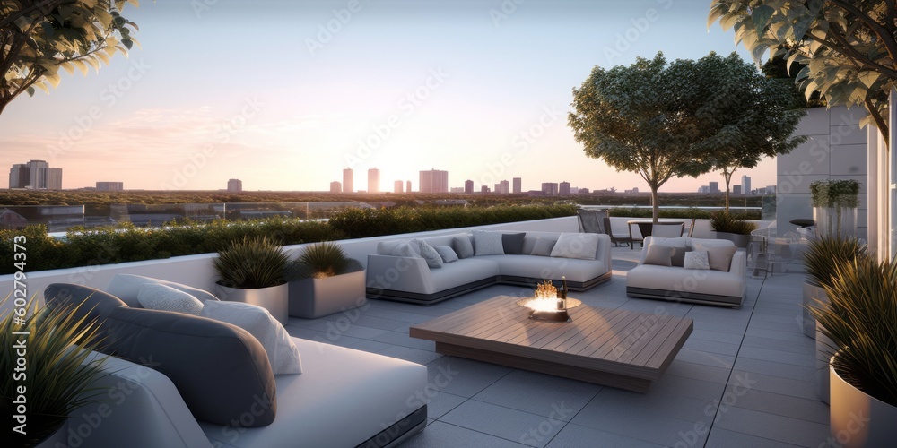 Sleek Modern Rooftop Lounge View AI Generated Generative AI - obrazy, fototapety, plakaty 
