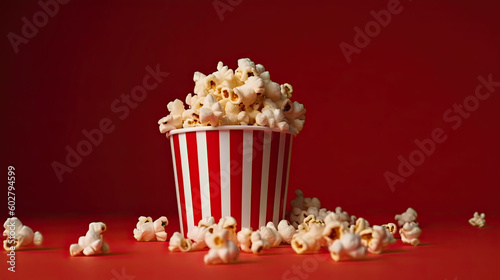 Bowl of popcorn on red background, Generative AI