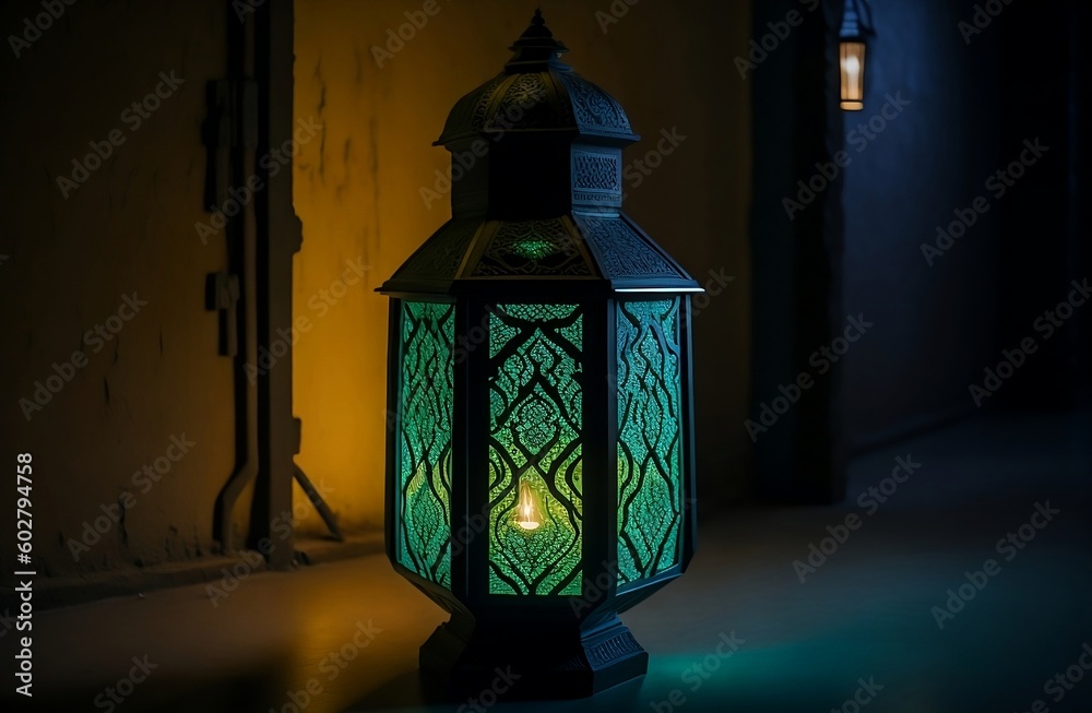 Islamic lantern. Eid Mubarak banner poster. green Islamic lantern. Generative Ai 