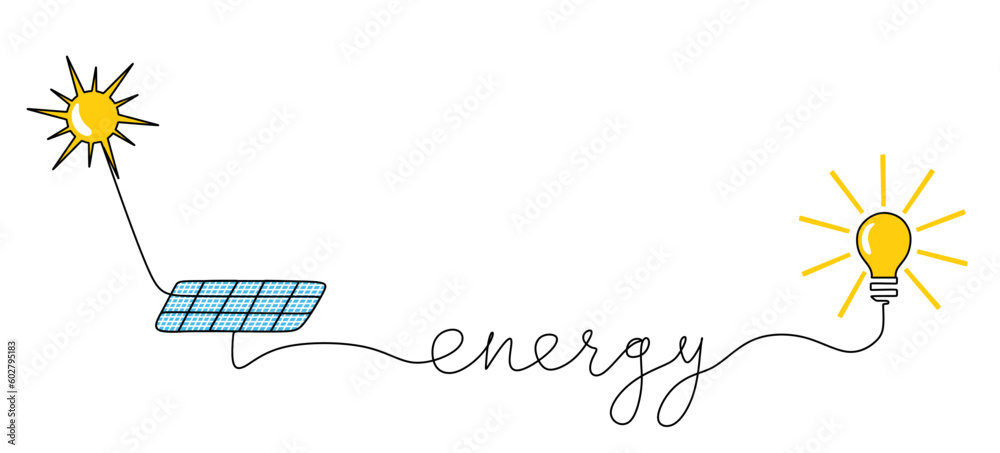 One Continuous line drawing Solar energy concept with Sun, solar power ...