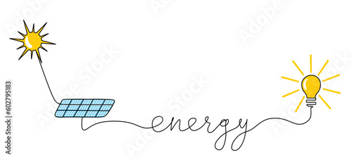 One Continuous line drawing Solar energy concept with Sun, solar power station panel and light bulb isolated on white background. Green clean energy and renewable resources in linear style. vector
