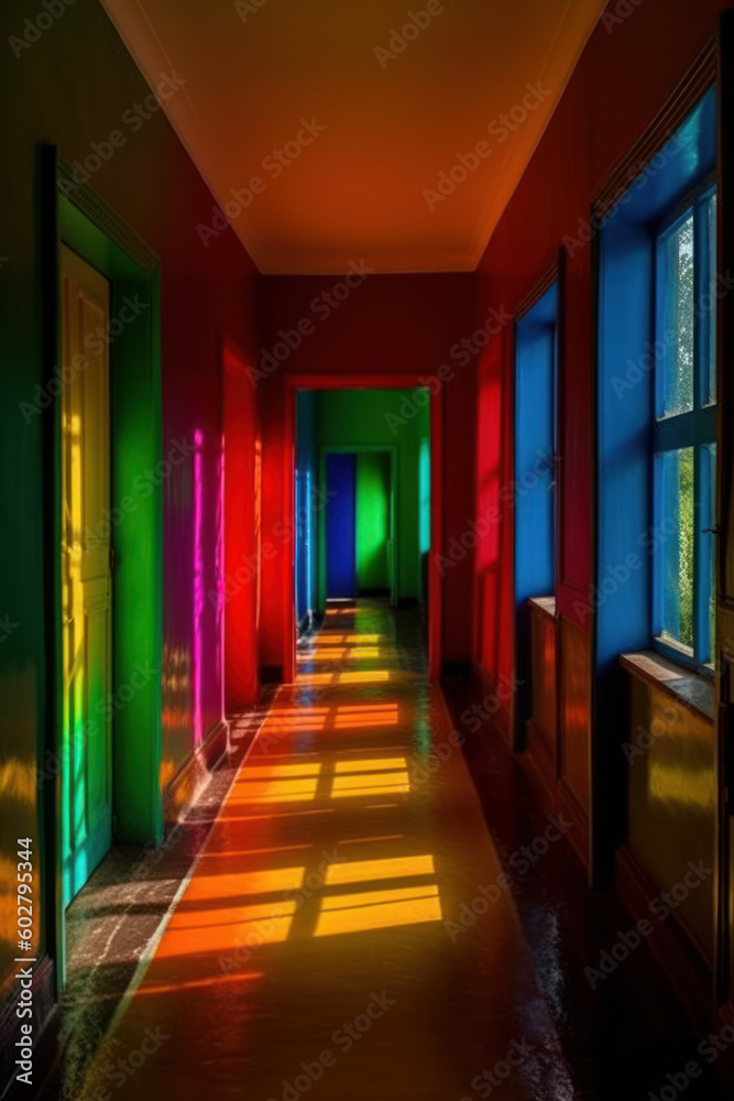 Colorful corridor in apartment building, tropical country, summer, Generative AI