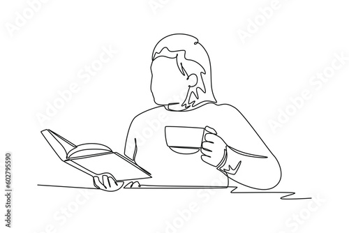 Continuous one line drawing happy student girl reading book at leisure time. Book lovers concept. Single line draw design vector graphic illustration.