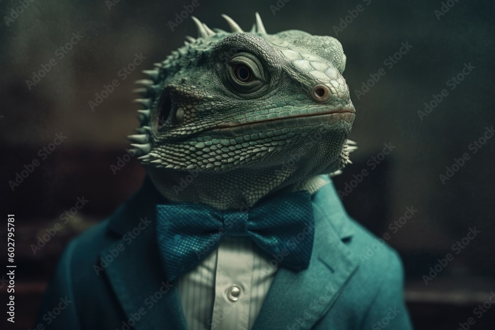 Anthropomorphic iguana dressed in a suit like a businessman. Business Concept. AI generated, human enhanced Anthropomorphic iguana dressed in a suit like a businessman. Business Concept. AI generated, human enhanced