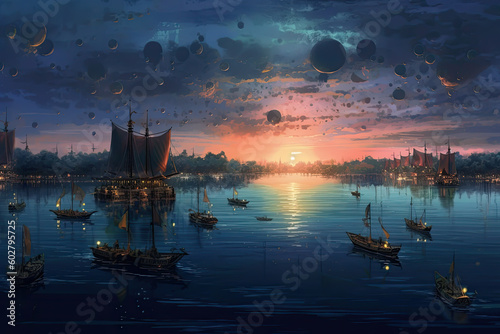 fantasy landscape with many boats in the sea and many moons in the sky, generative ai