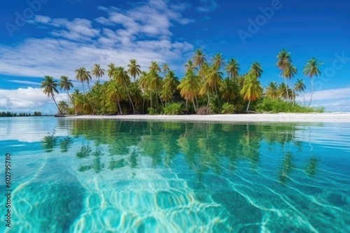 serene tropical island landscape with palm trees Generative AI