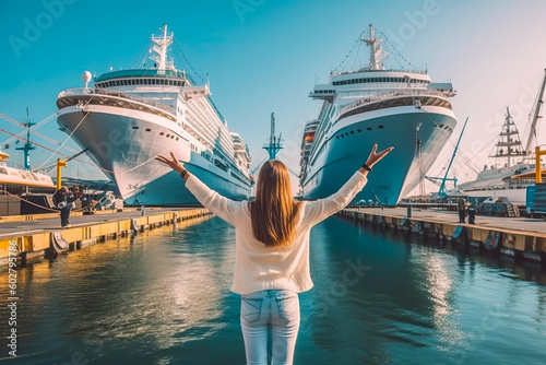back view of traveler girl with arms up standing in front of a cruise ship, travel concept, cheerful, generative ai photo
