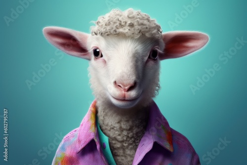 Anthropomorphic baby sheep dressed in human clothing. Humanized animal concept. AI generated, human enhanced photo