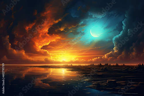 fantasy landscape with a lake and a moon at sunset, illustration, generative ai