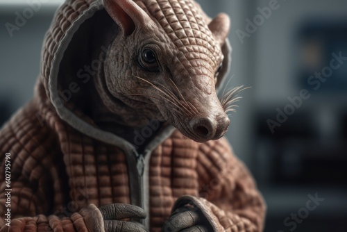 Anthropomorphic Armadillo dressed in human clothing. Humanized animal concept. AI generated  human enhanced