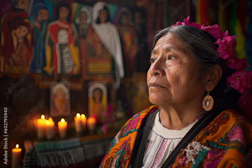 Native Paraying Generative AI illustration of serious aged Native American Indian ...