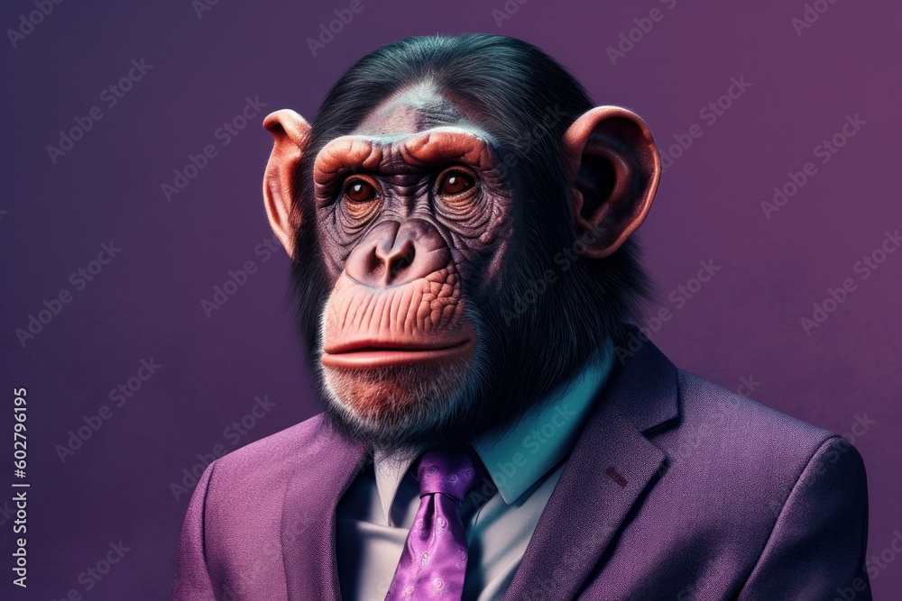 Anthropomorphic chimp dressed in a suit like a businessman. business concept. AI generated, human enhanced - obrazy, fototapety, plakaty 