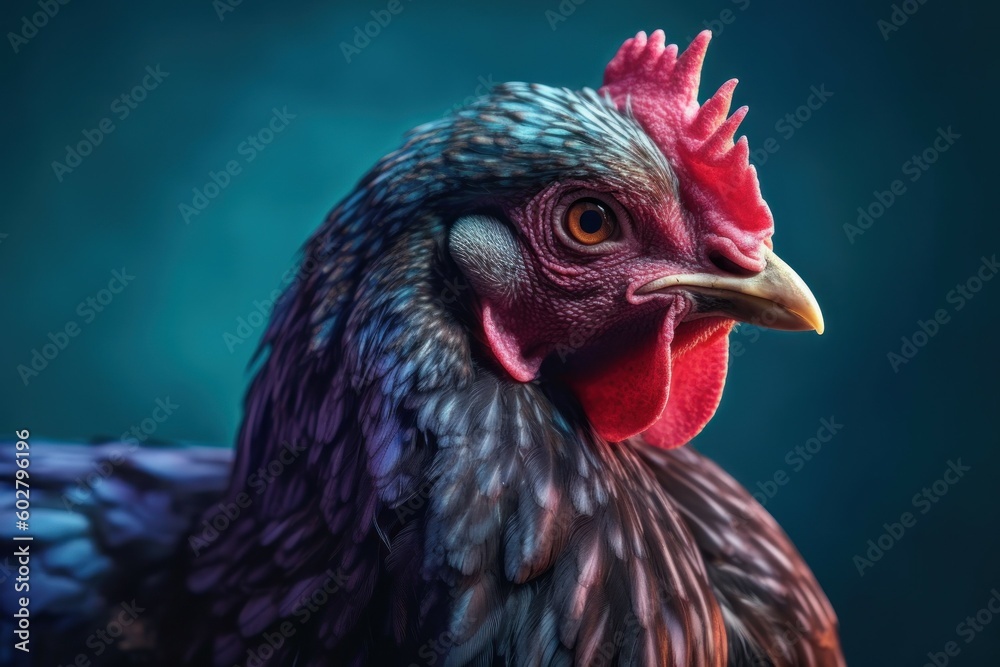 Close-up portrait of a beautiful rooster. AI generated, human enhanced
