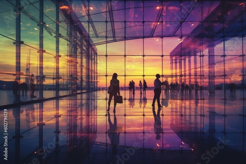 Abstract silhouettes of people at the airport. Background with selective focus. AI generated, human enhanced