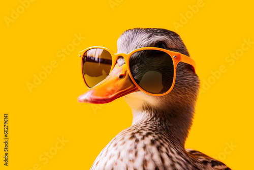 Generative AI illustration of stylish funny duck with orange beak wearing sunglasses looking away against yellow background photo
