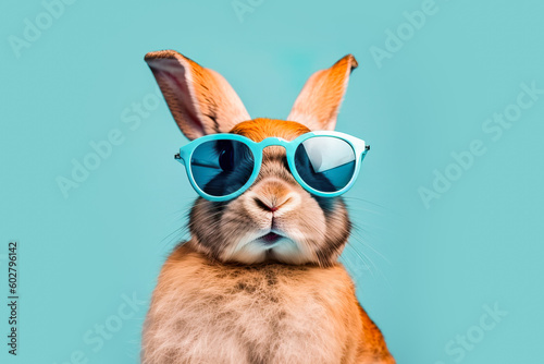Generative AI illustration of cute fluffy domestic rabbit with long ears wearing blue stylish sunglasses against turquoise background
