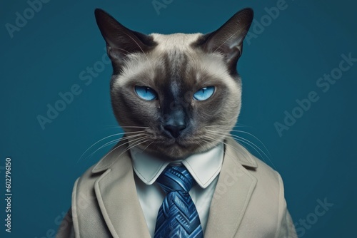 Anthropomorphic cat Siamese dressed in a suit like a businessman. business concept. AI generated, human enhanced © top images