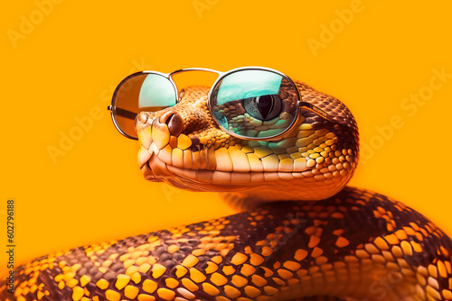 Generative AI illustration of trendy snake with spots and sunglasses on bright yellow background photo