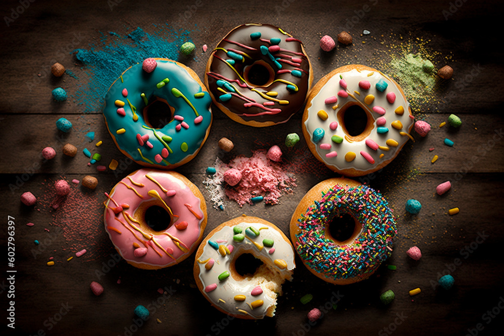 Donuts with icing, chocolate and sprinkles on dark background. Generative AI. Top view. Six different donuts on wooden table. National Donut Day or Fat Thursday. Food Time. flat lay. Sweet traditions