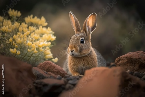 Cute rabbit in nature in natural habitat. AI generated  human enhanced