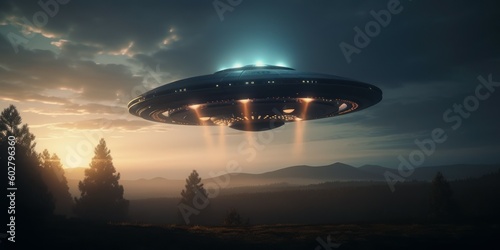 Photorealistic UFO in the sky at night. AI generated, human enhanced © top images