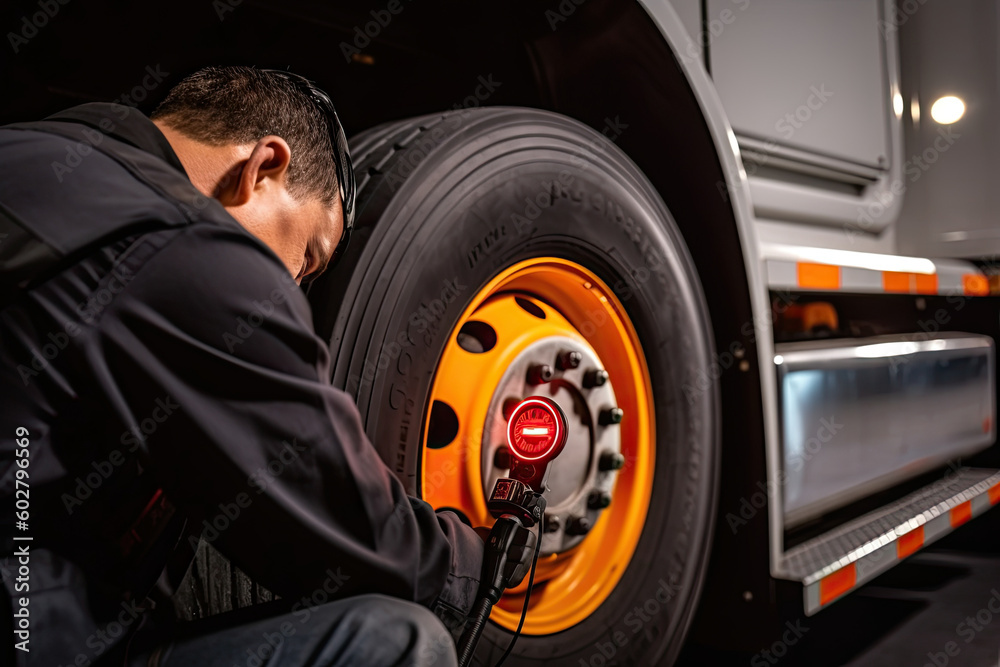 a mechanic working on a truck tire. Generative Ai a mechanic working on a truck tire. Generative Ai