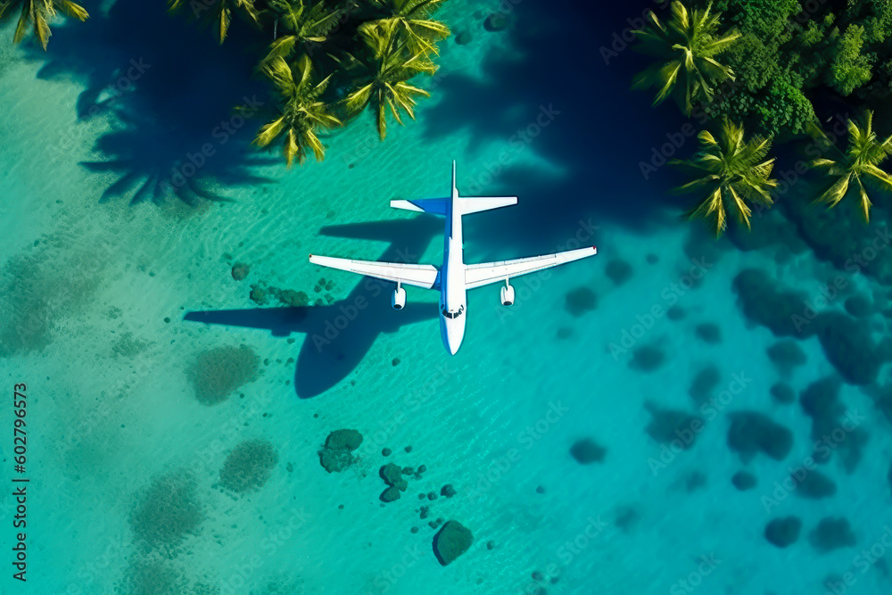 above view of a plane flying over a paradisiacal destiny, travel, holidays, generative ai above view of a plane flying over a paradisiacal destiny, travel, holidays, generative ai