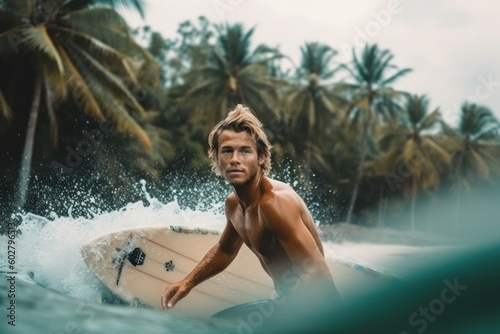 Surfer in the splashes of the sea wave. Young sports man. AI generated, human enhanced © top images