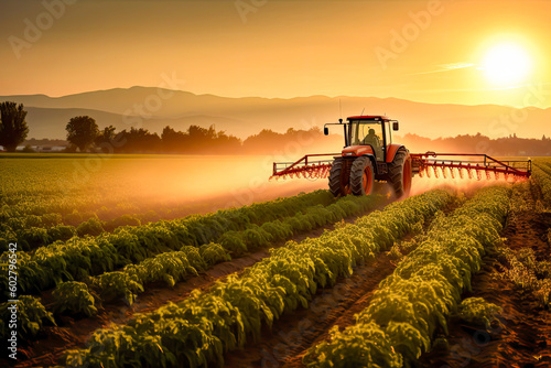 a tractor sprays pesticides on plantation field, generative ai