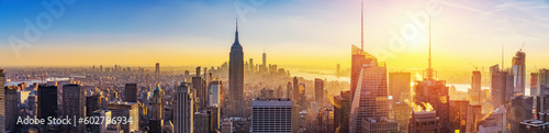 Photography Aerial view of New York City Manhattan at sunset